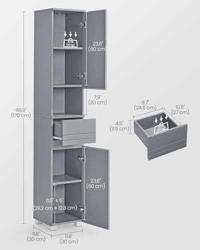 VASAGLE Tall Storage Cabinet, Slim Freestanding Storage Cabinet with a Drawer, Adjustable Shelves, Open Compartment, for Small Spaces, Bathroom, Mystic Gray UBBC560P36