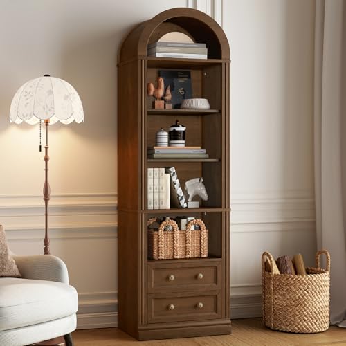 Tall Narrow Bookshelf, Arched Bookshelf with 2 Drawers, 7-Tier, view 5