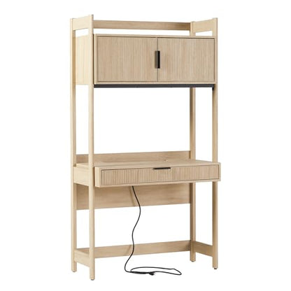 Modern Transitional Interior Design Reeded Desk with Hutch and Drawers, Built-in Tech, Desk with Cord Management, Storage for Small Living Spaces, 38”W x 19”D x 70”H, Coastal Oak