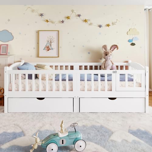 JIVOIT Twin XL Platform Bed with Full-Length Guardrails, Low Platform Bed with Two Drawers, Wood Slats Support, Cute & Childlike Headboard Design, No Box Spring Needed (White,Twin XL,6)