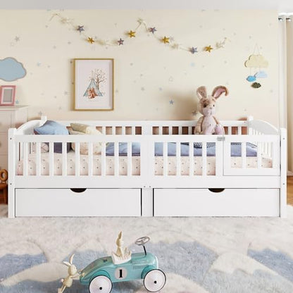 JIVOIT Twin XL Platform Bed with Full-Length Guardrails, Low Platform Bed with Two Drawers, Wood Slats Support, Cute & Childlike Headboard Design, No Box Spring Needed (White,Twin XL,6)