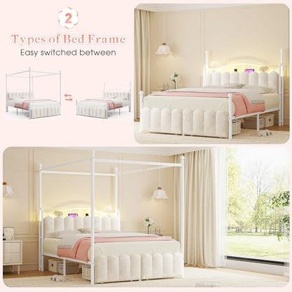 Queen Size Canopy Bed Frame with 2 Drawers and LED & Charging,White, view 6