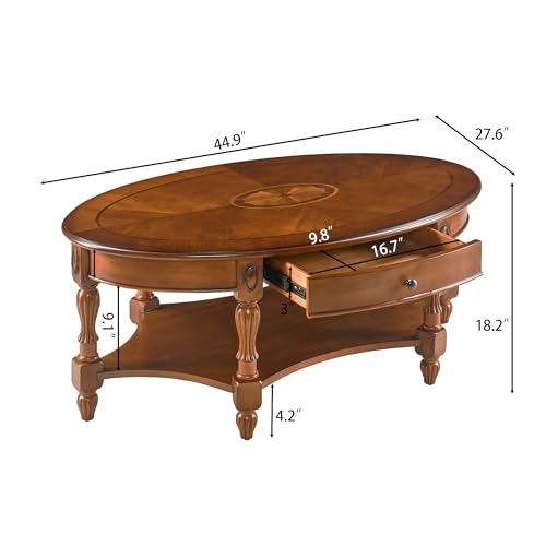 Traditional Wood Oval Coffee Table with Drawer, Beewax Tone | 2-Tier Living Room Cocktail Table with Storage Shelf, Wooden Center Table with Carvings Legs, 44.9"Wx29.9"Dx18.2"H Tea Table