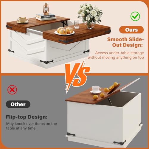 31.5'' Lift Top Coffee Table, Sliding Top Square Center Table with Large Hidden Storage Organizer, Multi-Functional Farmhouse Coffee Tables for Living Room, Bedroom, Home Office, White