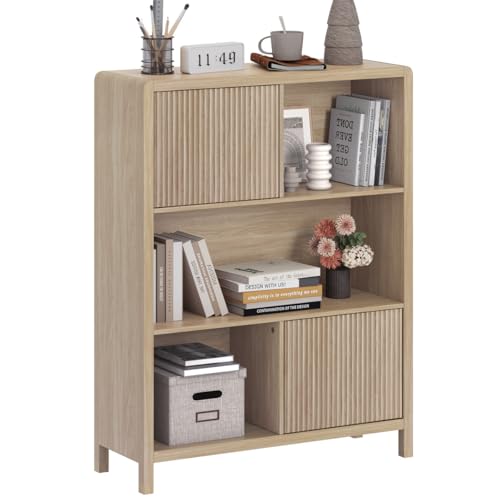 Cube Bookshelf with 2 Doors, Wood Bookcase with Storage, Modern 5 Cubby Book Shelf for Home Office Living Room (Light Walnut)