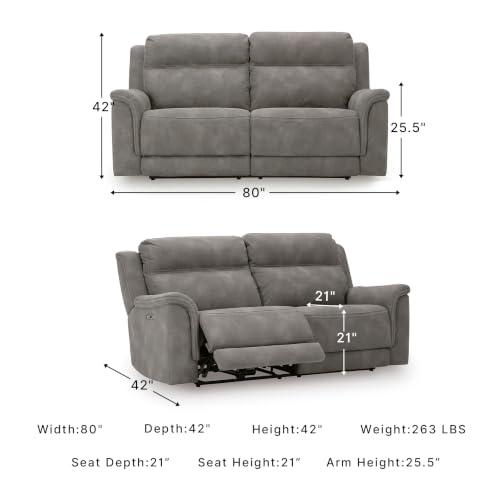 Signature Design by Ashley Next-Gen DuraPella Power Reclining Sofa, USB, Extended Ottoman, Water Repellent Faux Leather, 80" W x 42" D x 42" H, Slate Gray