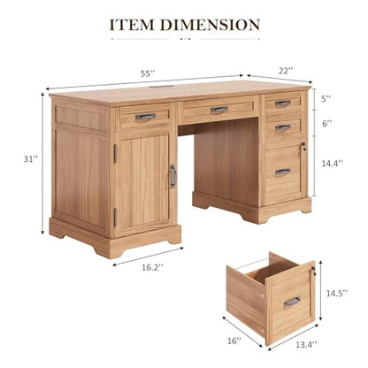 55'' Farmhouse Desk Home Office with Drawers, Executive Computer Desk Wooden with File Cabinet and Charging Station, Light Walnut