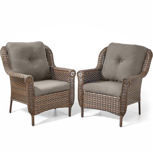 Patio Wicker Chairs Outdoor Furniture Chair - Set of 2 Outside All Weather Lawn Dining Brown Rattan Armchair with High Back&Deep Seating for Deck Porch Balcony Backyard Garden - Grey