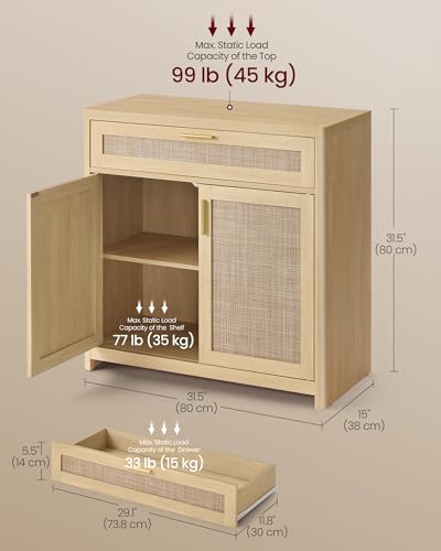 VASAGLE ELLAN Collection - Boho Buffet Cabinets with Rattan-Look Doors, Sideboard Storage Cabinet, Rounded Corners, Adjustable Shelf, Drawer, for Dining Room, Set of 2, Oak Beige UBBK601YC01-2J