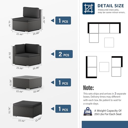 5-Piece Outdoor Patio Furniture Set, All-Weather PE Rattan Sectional Sofa with Ottoman, Glass Coffee Table & Cushions, Modular Wicker Conversation Set for Backyard, Garden, Porch, Dark Grey