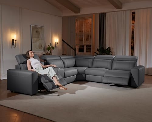Power Recliner Sectional Sofa with Storage/USB Port, Leather Recliner Sofa with Adjustable Headrest, Reclining Sectional Couches with Console and Cup Holder for Living Room (Gray, 5-Seater)