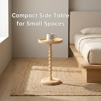 Small Drink Table, Rattan Round Side Table for Small Spaces, Boho Accent Table End Table with Solid Wood Leg for Living Room, Nightstand Table for Bedroom, Corners