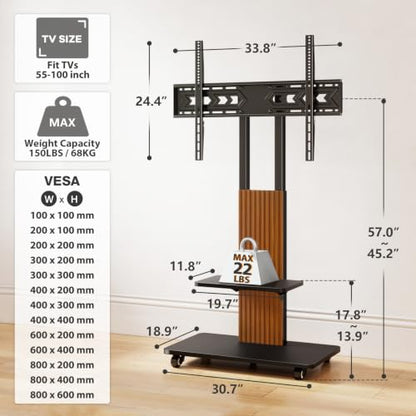 Heavy Duty Rolling TV Stand for 55-100 inch Large Screens | Supports up to 172 lbs (150 lbs TV + 22 lbs Shelf), Mobile TV Cart with Wooden Base and Lockable Wheels, Black and Walnut