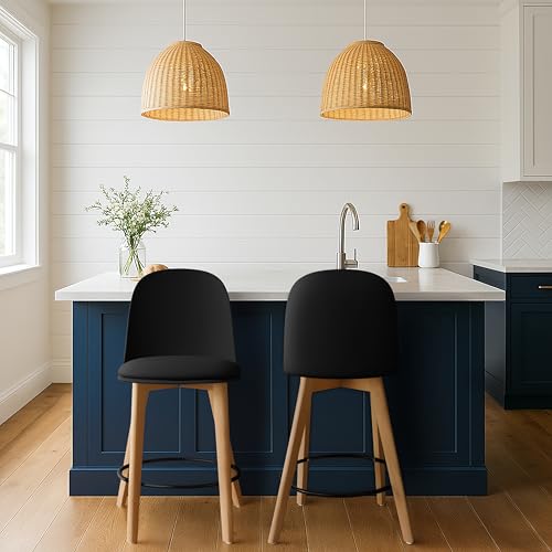 Set of 2 Counter Height Barstools | Mid Century Modern PU Leather Padded Seat | Solid Wood Legs with Round Metal Footrest | Kitchen Island Bar Chair | Non-Slip Feet, Black