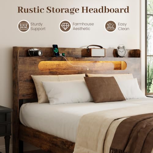 Rustic Brown 2-tier bed frame with charging station and light, view 5