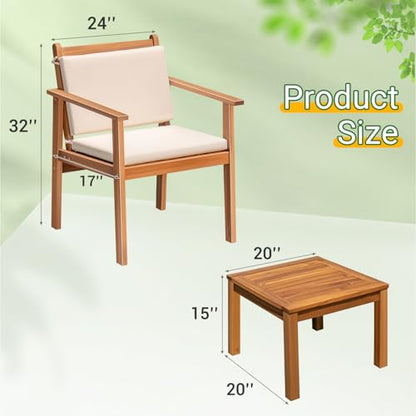 Outdoor Patio Furniture, 3 Piece Bistro Sofa Set with 1 Coffee Table and 2 Chairs, Acacia Wood Conversation Sets with Cushions, for Garden, Backyard, Poolside, White