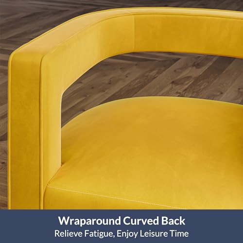 Swivel Barrel Accent Chair, Modern Upholstered Arm Comfy Velvet Curved Back Round Chair with Gold Base Wood Frame, 360 Degree for Living Room Bedroom Office,Yellow