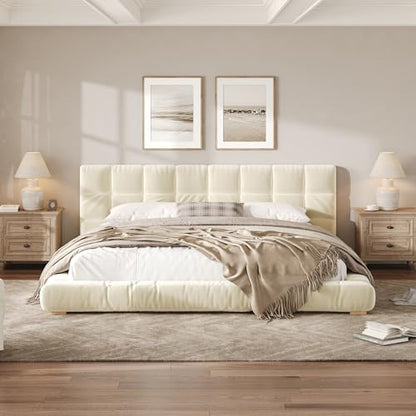 JIVOIT King Size Upholstered Platform Bed, Velvet Headboard Bed Base, Wood Slat (Beige-King-33)