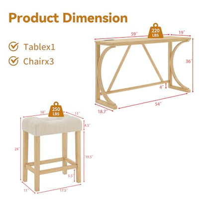 59" Dining Bar Table Set with Power Outlet, Behind Couch Sofa Table with 3 Padded Stools, 5 Piece Bar Table and Chairs Set for Living Room, Dining Room, Light Oak