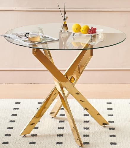 Glass Dining Table Set for 4, Modern 36" Round Kitchen Table with 4 Velvet Dining Chairs and Golden Cross Metal Legs, Modern Circle Dinner Table Set, 5 Piece Dining Set for Kitchen