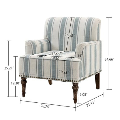 Stripe Accent Chairs Set of 2, Living Room Arm Chair Modern Nailhead Trim Club Armchair, Comfy Upholstered Sofa Lounge Seat Reading Seat Bedroom Side Seating for Home Office, Blue