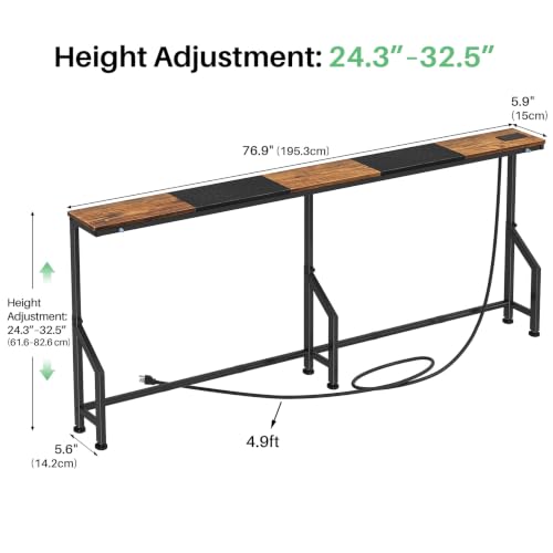 Behind Couch Table, Adjustable Height (4 Levels), 76.9" Long Narrow Console Table with Power Strip (2 AC, USB & USB-C) & Anti-Tip Wall Screws, Slim Sofa Table for Living Room