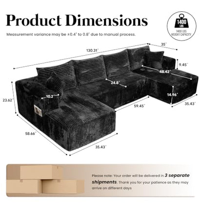 130'' U Shaped Sectional Couches for Living Room, Modular Boneless Cloud Sofa with 2 Chaise Lounges, 4-in-1 Flexible Combination Layered Foam Cushion Deep Seat Corner Couch, No Assembly Black