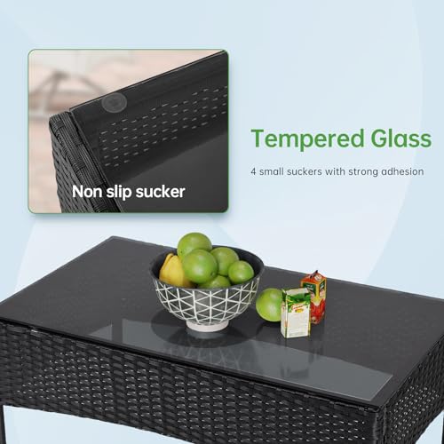 4 Pieces Conversation Set Modular Outdoor Furniture Set Water Resistant Patio Wicker Furniture Set with 3 Rattan Chairs 1 Tempered Glass Topped Table Seat Cushions for Patio Balcony Poolside, Blue