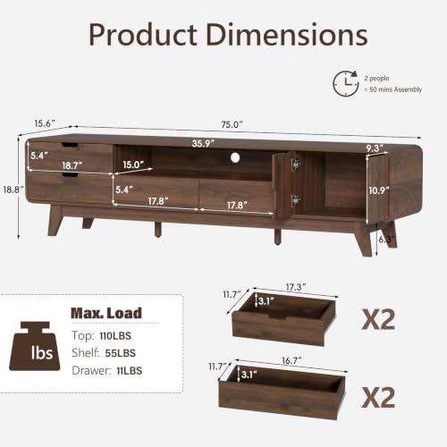 75" TV Stand, Mid Century Modern TV Stands for TVs up to 85 inch, view 3