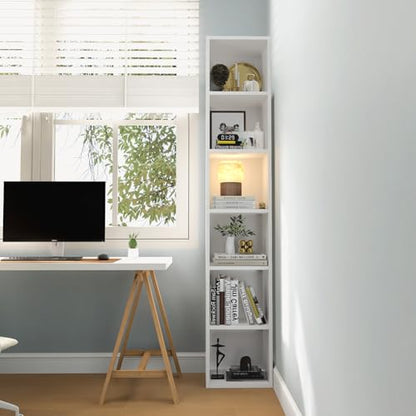 Narrow Bookshelf, 6-Tier Open Bookcase, Coner Shelf, Storage Shelves, Display Storage Shelves, Floor Standing Unit, Home Decor, Furniture for Home Office, Living Room, Bedroom, White