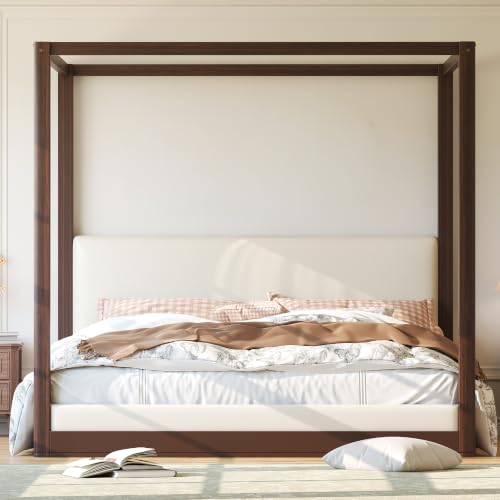 Modern King Canopy Bed Frame with Upholstered Headboard, view 4
