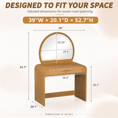 Makeup Vanity Desk with LED Mirror, Drawer and Curved Edges Natural, view 3