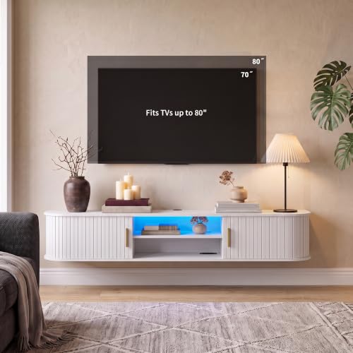 Takwep 70" Floating TV Stand with Storage,Fluted Entertainment Center White, view 6