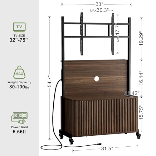 Rolling TV Stand with Mount for 32-75 Inch, Walnut, view 3