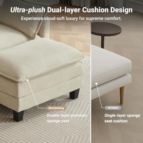111.5" U Shaped Modular Sectional Sofa, Beige Corduroy | Cloud Couch for Living Room, 3 Seater Deep Seat Convertible Sleeper Sofa with 2 Movable Ottomans and 2 Leg Height Options