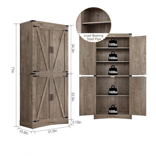 71" Tall Kitchen Pantry,Farmhouse Storage Cabinet with Adjustable Shelves,Load-Bearing Steel Pipe,Farmhouse Pantry Cabinet with 4 Barn Doors,for Kitchen,Dining Room,Living Room(Light Rustic Oak)