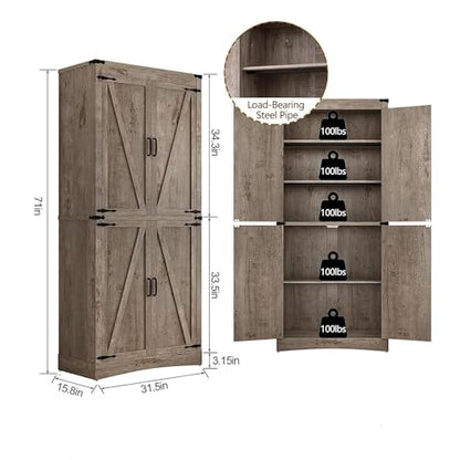 71" Tall Kitchen Pantry,Farmhouse Storage Cabinet with Adjustable Shelves,Load-Bearing Steel Pipe,Farmhouse Pantry Cabinet with 4 Barn Doors,for Kitchen,Dining Room,Living Room(Light Rustic Oak)