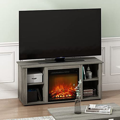 Jensen Fireplace Entertainment Center TV Stand with Open Storage for TV up to 55 Inch, French Oak Grey
