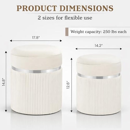 Round Storage Ottoman Set of 2 - White Ottoman with Storage for Living Room - Velvet Vanity Stool and Footrest - Round Nesting Ottoman Stools for Bedroom Makeup Area - Hidden Storage