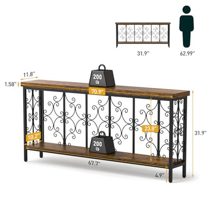 70.9" Extra Long Console Table, Industrial Narrow Sofa Table Behind Couch with 2 Tier Storage Shelf, Entryway Hallway Accent Table for Living Room, Foyer, Rustic Brown