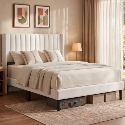Beige Upholstered Full Bed Frame with Headboard, view 2