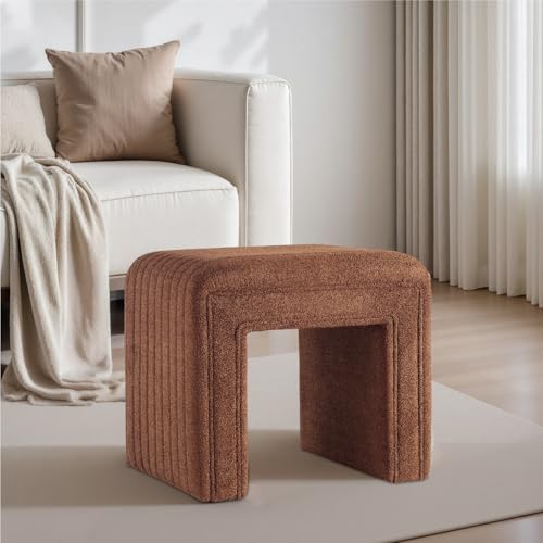 Vanity Stool Chair,Modern Boucle Ottoman Foot Stool with Wooden Legs Sofa Bench Footstool Extra Seat for Vanity,Makeup Room,Living Room,Entryway,Office (Fully Assembled) (Brown)