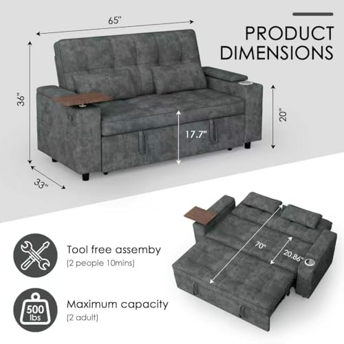 65in Sleeper Sofa Bed, 3 in 1 Pull Out Couch with Chenille Fabric Convertible Loveseat for LivingRoom and Apartment (Darkgrey)