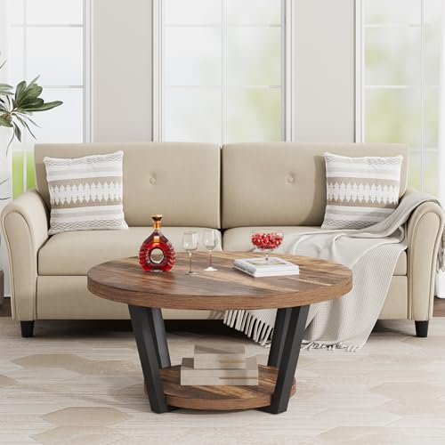 32'' Round Coffee Table with Storage for Living Room Rustic Brown | living room furniture small coffee table mesa de centro para sala accent table round wood coffee table