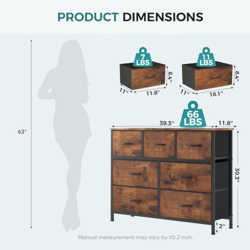 7 Drawer Fabric Dresser for Bedroom, Clothes Storage Tower, Brown, view 4