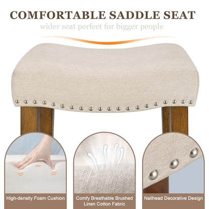 Counter Height Bar Stools Set of 3-26 Inch Backless Saddle Barstools with 4.3" Thick Upholstered, Nailhead Trim Linen Fabric & Solid Wood Legs, Counter Stools for Kitchen Island, Beige