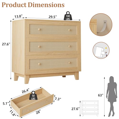 Rattan 3 Drawer Dresser for Bedroom, Small Boho Dresser with Wood Handles, Wood Nightstand, 29.52" Wide Modern Dresser, Chests of Drawers for Living Room, Entryway, Hallway, Natural Oak