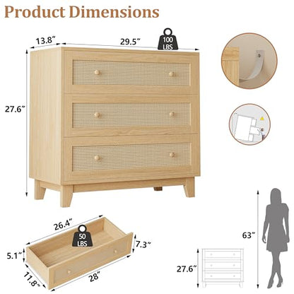 Rattan 3 Drawer Dresser for Bedroom, Small Boho Dresser with Wood Handles, Wood Nightstand, 29.52" Wide Modern Dresser, Chests of Drawers for Living Room, Entryway, Hallway, Natural Oak