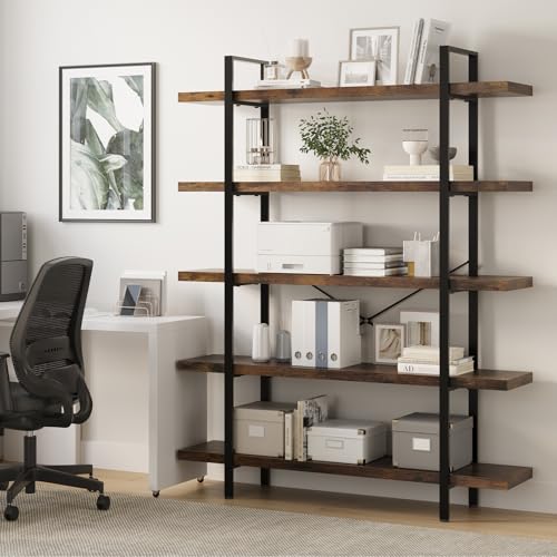 Heavy Duty 5 Tier Industrial Bookcase for Home Office, Rustic Brown, view 6
