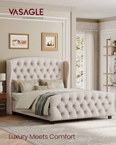 VASAGLE Queen Platform Bed Frame, Upholstered, Wooden Slats, view 4